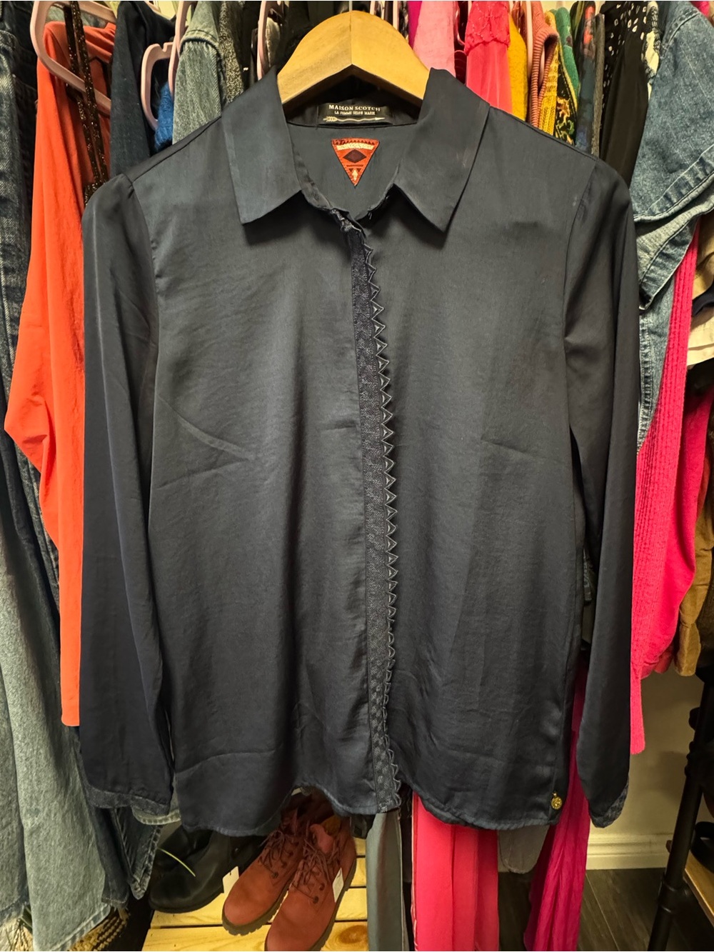 Maison Scotch Navy Satin Trimmed Long Sleeve Blouse Shirt